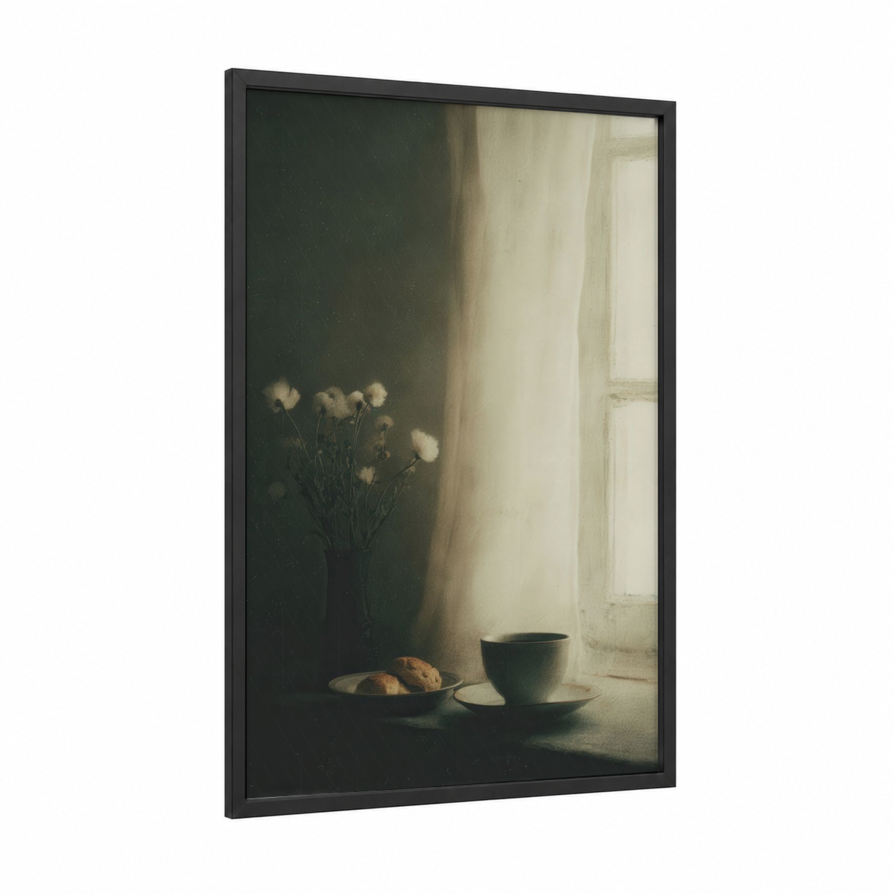 Quiet Breakfast framed art print — black wood frame — cream and dove gray palette