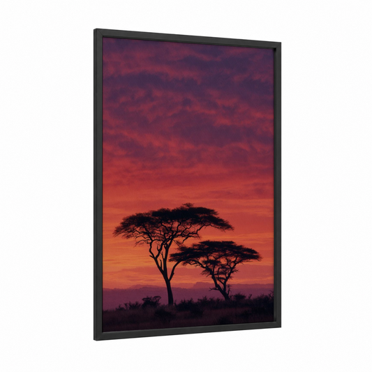Crimson Savanna Sunset framed art print — black wood frame — red and gold palette