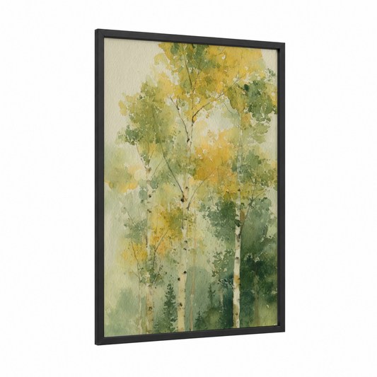 Golden Aspen Forest framed art print — black wood frame — yellow gold and light green palette