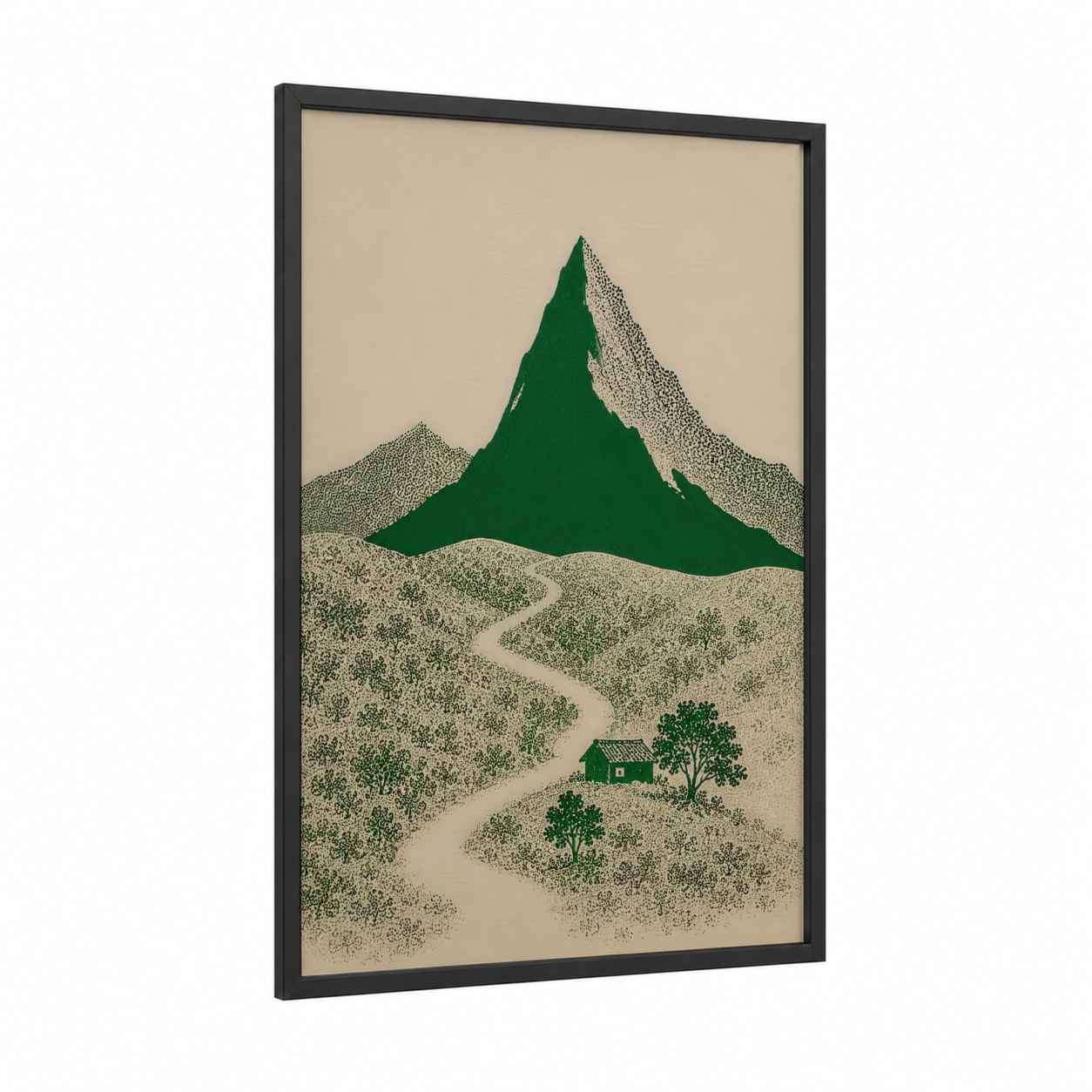Mountain Cottage Landscape Wall Art framed art print — black wood frame — green and beige palette