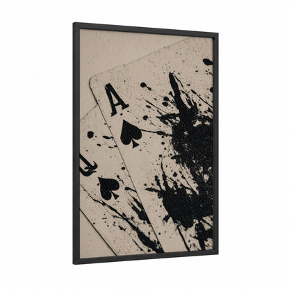 Ace Splatter framed card game print — black wood frame — black and white palette