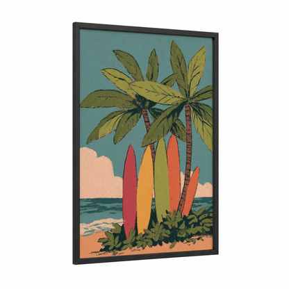 Tropical Surfboard Dreams framed surfing print — black wood frame — teal and gold palette
