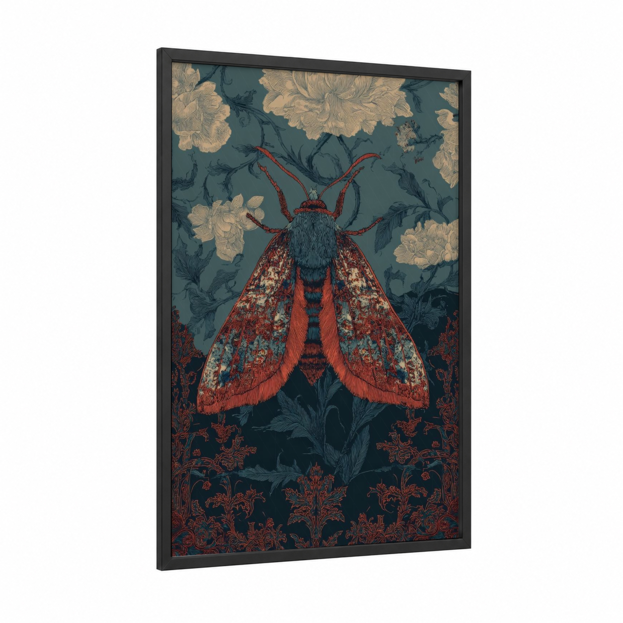 Crimson Moth Botanical framed butterfly print — black wood frame — teal and red palette