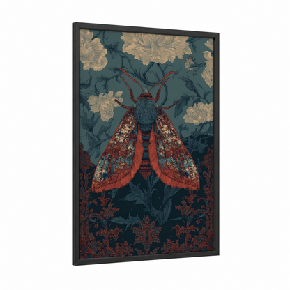 Crimson Moth Botanical framed butterfly print — black wood frame — teal and red palette