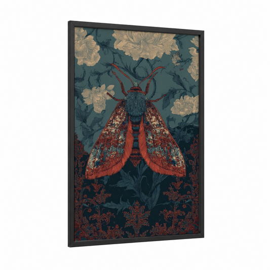 Crimson Moth Botanical framed butterfly print — black wood frame — teal and red palette