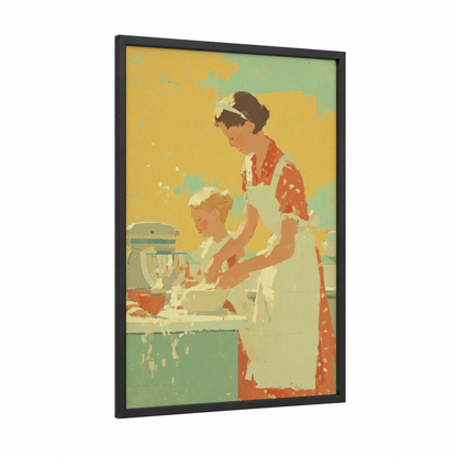 Vintage Baking Moment framed mother's day print — black wood frame — gold and teal palette