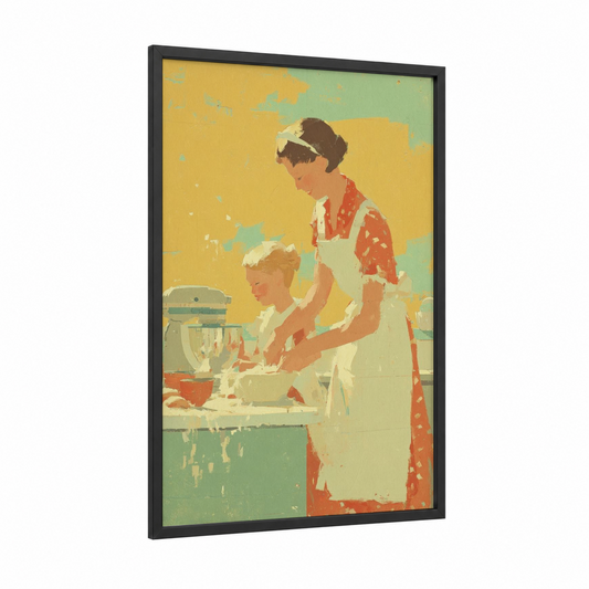 Vintage Baking Moment framed mother's day print — black wood frame — gold and teal palette