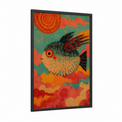 Tropical Puffer Fish framed art print — black wood frame — orange and teal palette