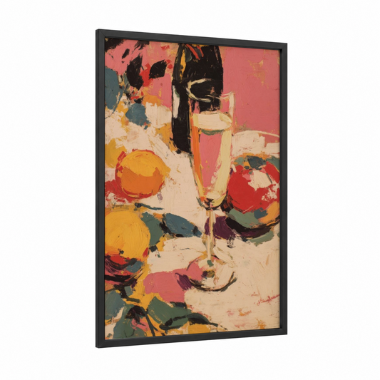 Celebratory Champagne framed art print — black wood frame — gold and pink palette