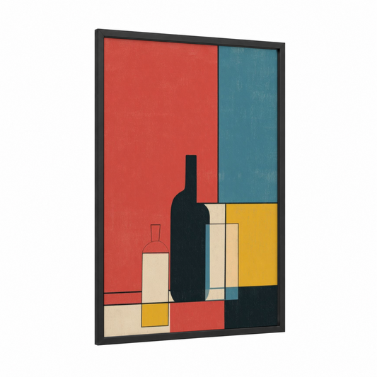 Geometric Wine framed wineries and cellars print — black wood frame — red and gold palette