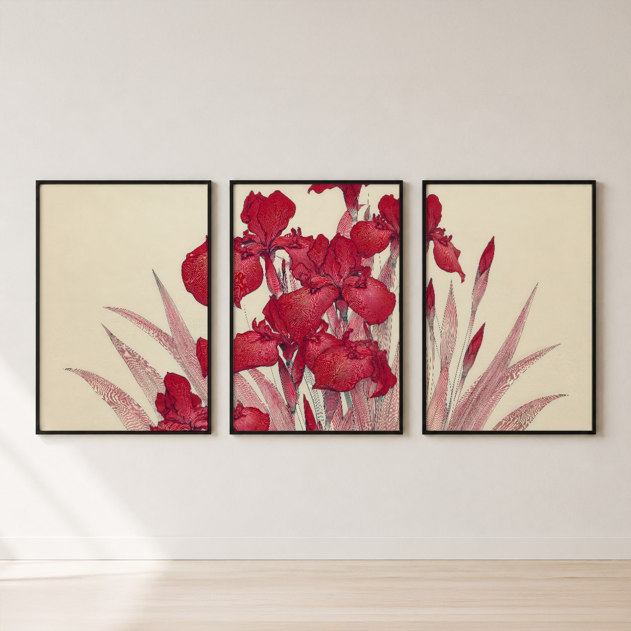 Red Iris Triptych Set of 3 Wall Art — set hero