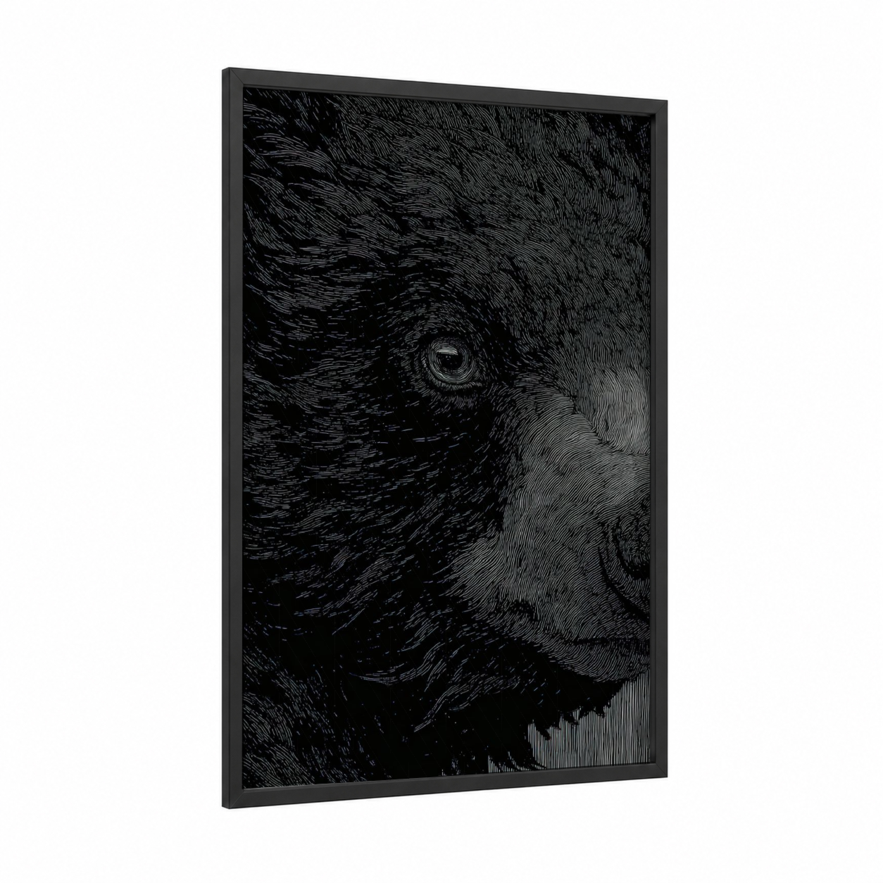 Sloth Bear Portrait framed art print — black wood frame — black and white palette