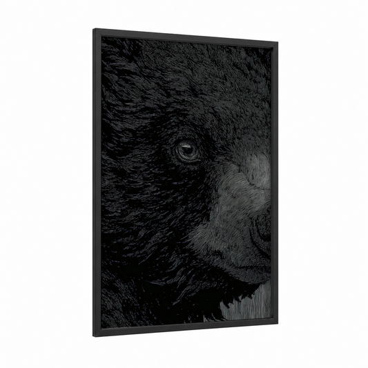 Sloth Bear Portrait framed art print — black wood frame — black and white palette