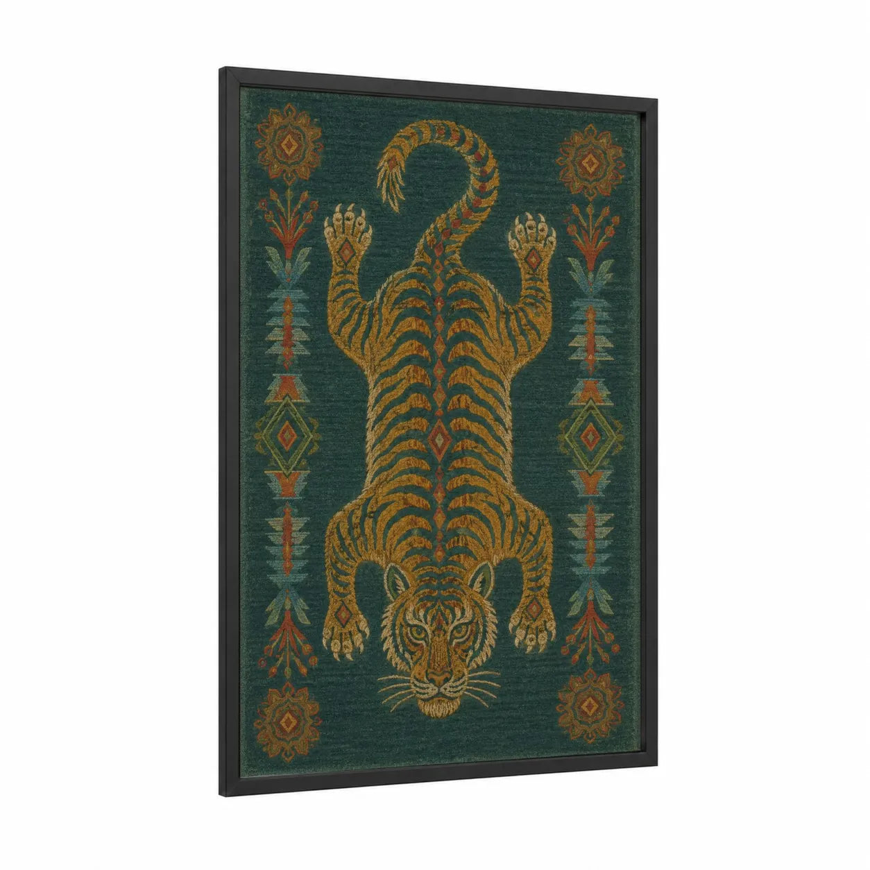 Art Deco Tiger Tapestry Wall Art framed art print — black wood frame — teal and gold palette