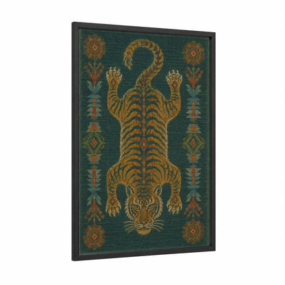 Art Deco Tiger Tapestry Wall Art framed art print — black wood frame — teal and gold palette