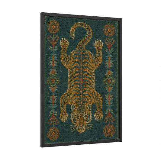 Art Deco Tiger Tapestry Wall Art framed art print — black wood frame — teal and gold palette