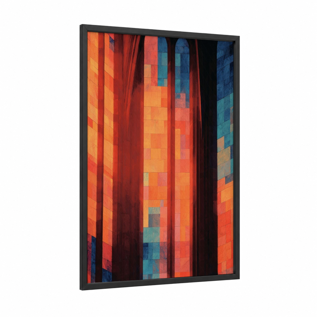 Crimson Cathedral Light framed art print — black wood frame — red and orange palette