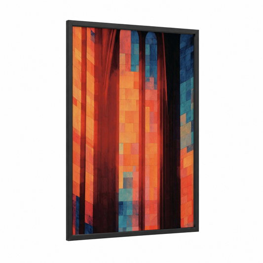 Crimson Cathedral Light framed art print — black wood frame — red and orange palette