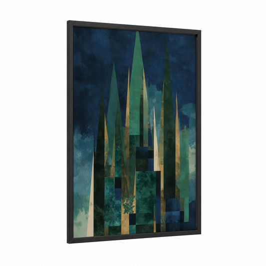 Mystical Cypress framed cypress tree print — black wood frame — dark blue and true green palette