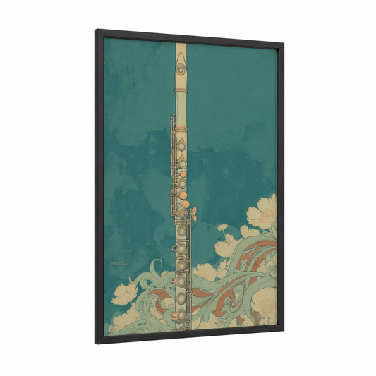 Vintage Flute framed art print — black wood frame — teal and gold palette