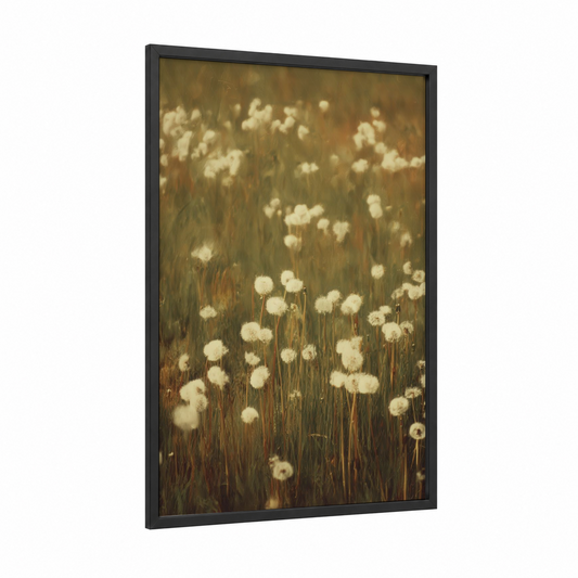 Rustic Dandelion Field framed art print — black wood frame — gold and cream palette