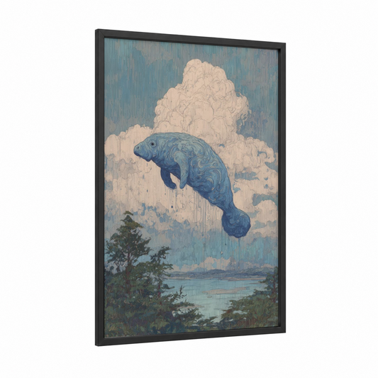 Dreaming Manatee framed manatees print — black wood frame — blue and white and sage green palette