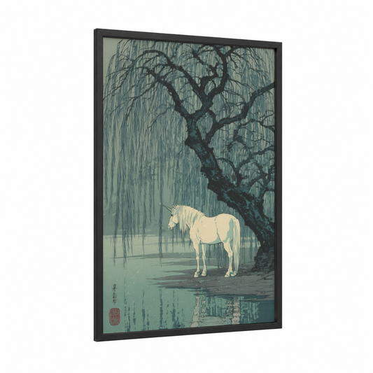 Serene Unicorn framed unicorns print — black wood frame — teal and cream palette