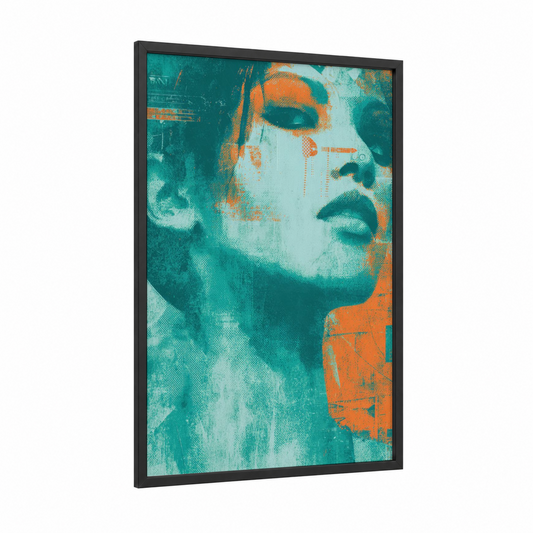 Teal Retro Portrait framed japanese retrofuturism print — black wood frame — teal and orange palette