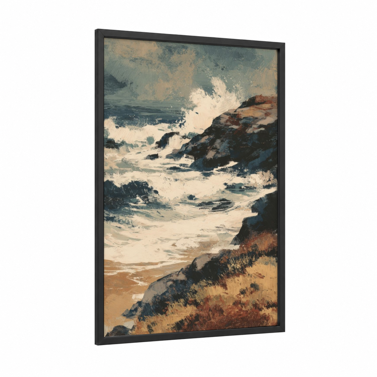 Stormy Coastal Waves framed sandy beach print — black wood frame — gray and blue palette