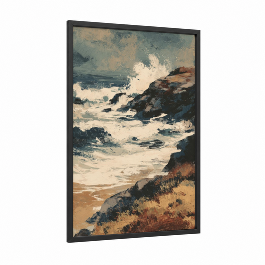 Stormy Coastal Waves framed sandy beach print — black wood frame — gray and blue palette
