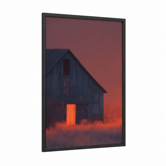 Crimson Barn Glow framed art print — black wood frame — maroon and orange palette