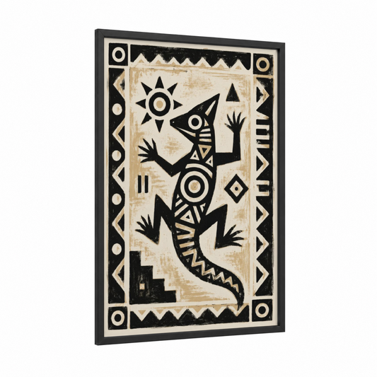 Tribal Lizard Geometric Wall Art framed abstract geometric print — black wood frame — black and white and beige palette