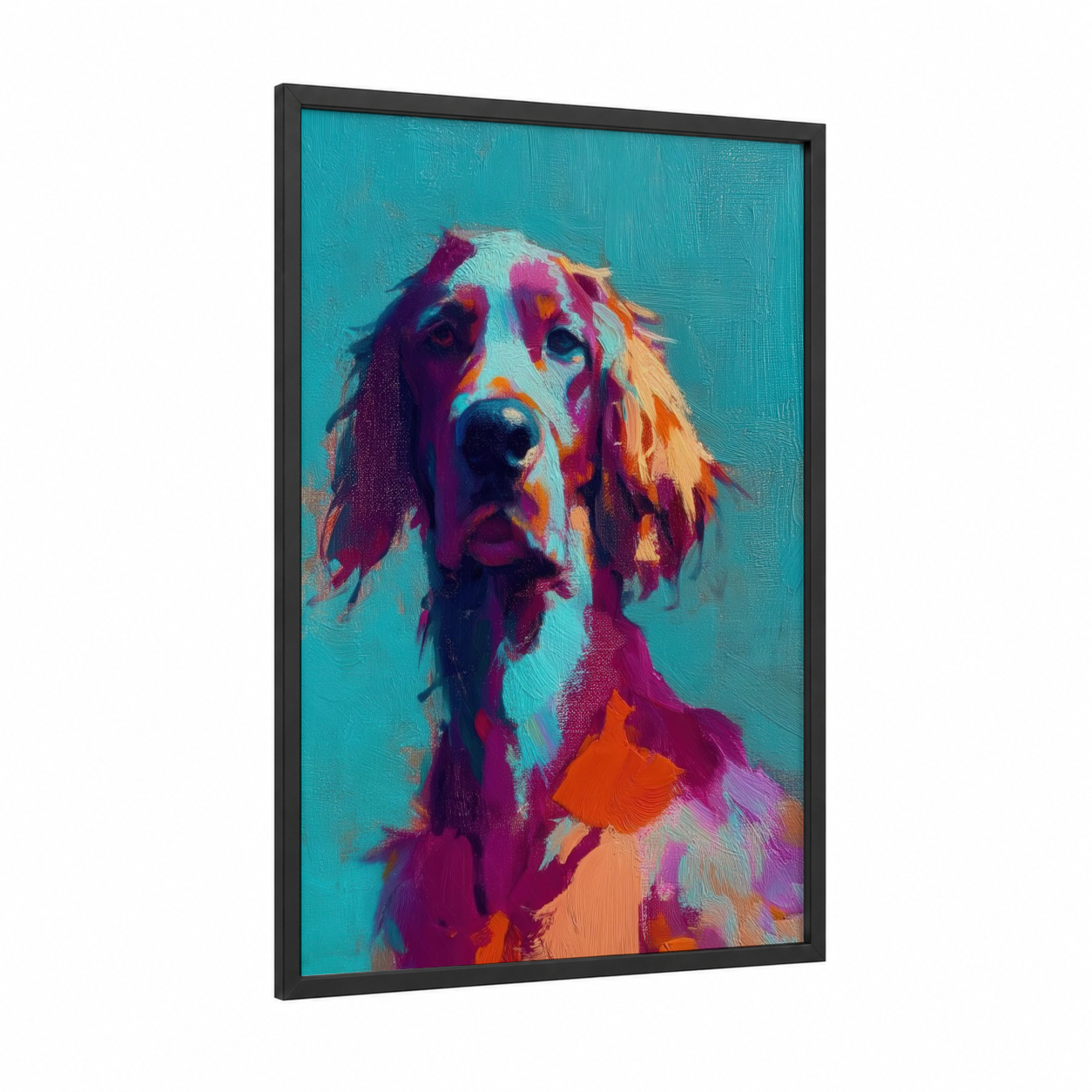 Colorful Setter Portrait framed art print — black wood frame — teal and magenta palette