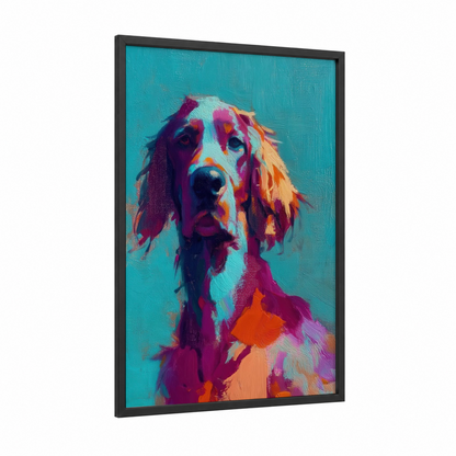 Colorful Setter Portrait framed art print — black wood frame — teal and magenta palette