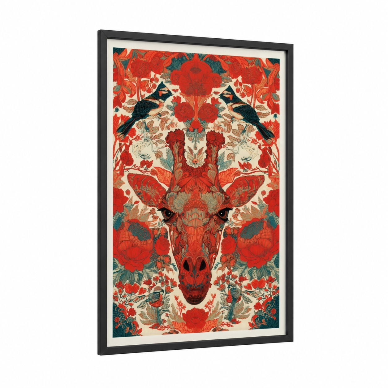 Crimson Giraffe framed art print — black wood frame — red and cream palette