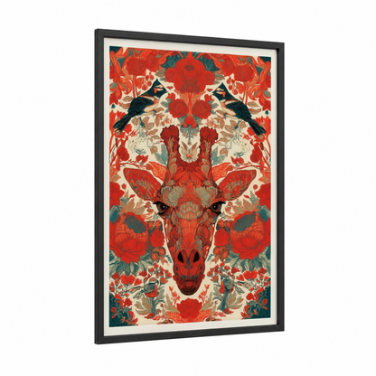 Crimson Giraffe framed art print — black wood frame — red and cream palette
