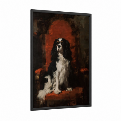 Crimson Spaniel framed art print — black wood frame — red and black and white palette
