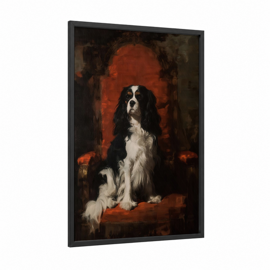 Crimson Spaniel framed art print — black wood frame — red and black and white palette