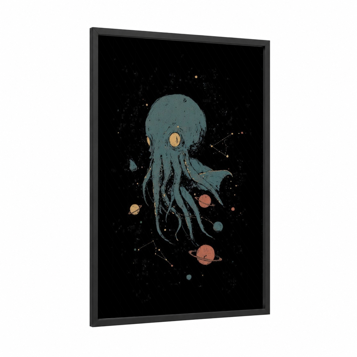 Cosmic Cthulhu framed art print — black wood frame — dark blue and gold palette