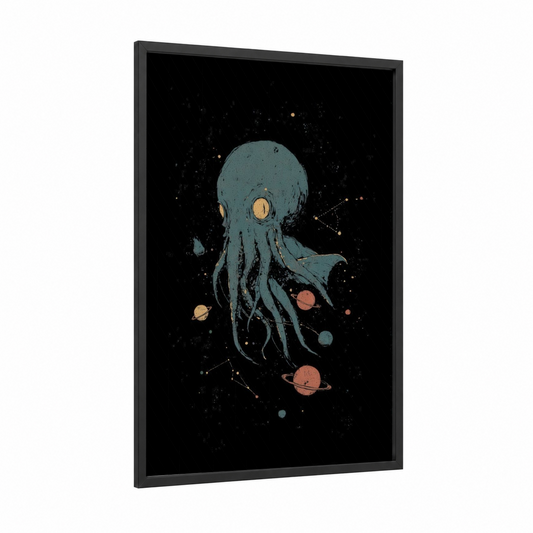 Cosmic Cthulhu framed art print — black wood frame — dark blue and gold palette
