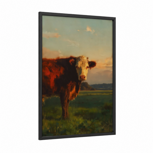 Golden Hereford framed hereford cow print — black wood frame — gold and green palette