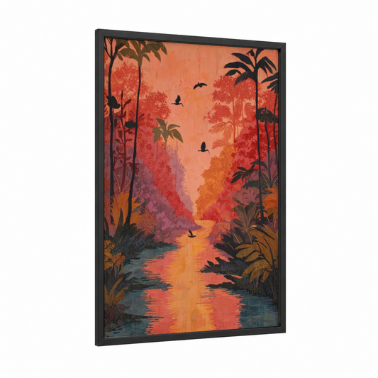 Tropical Sunset River framed art print — black wood frame — orange and gold palette