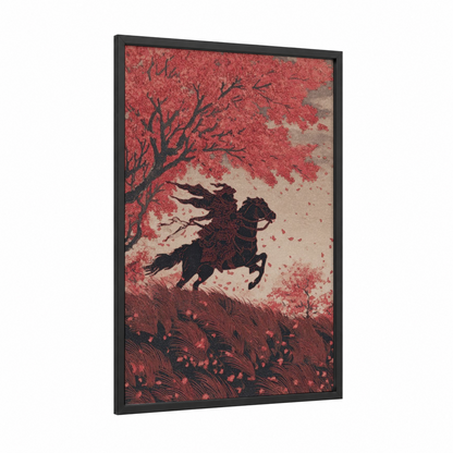 Crimson Rider framed horseback print — black wood frame — rose gold and cream palette
