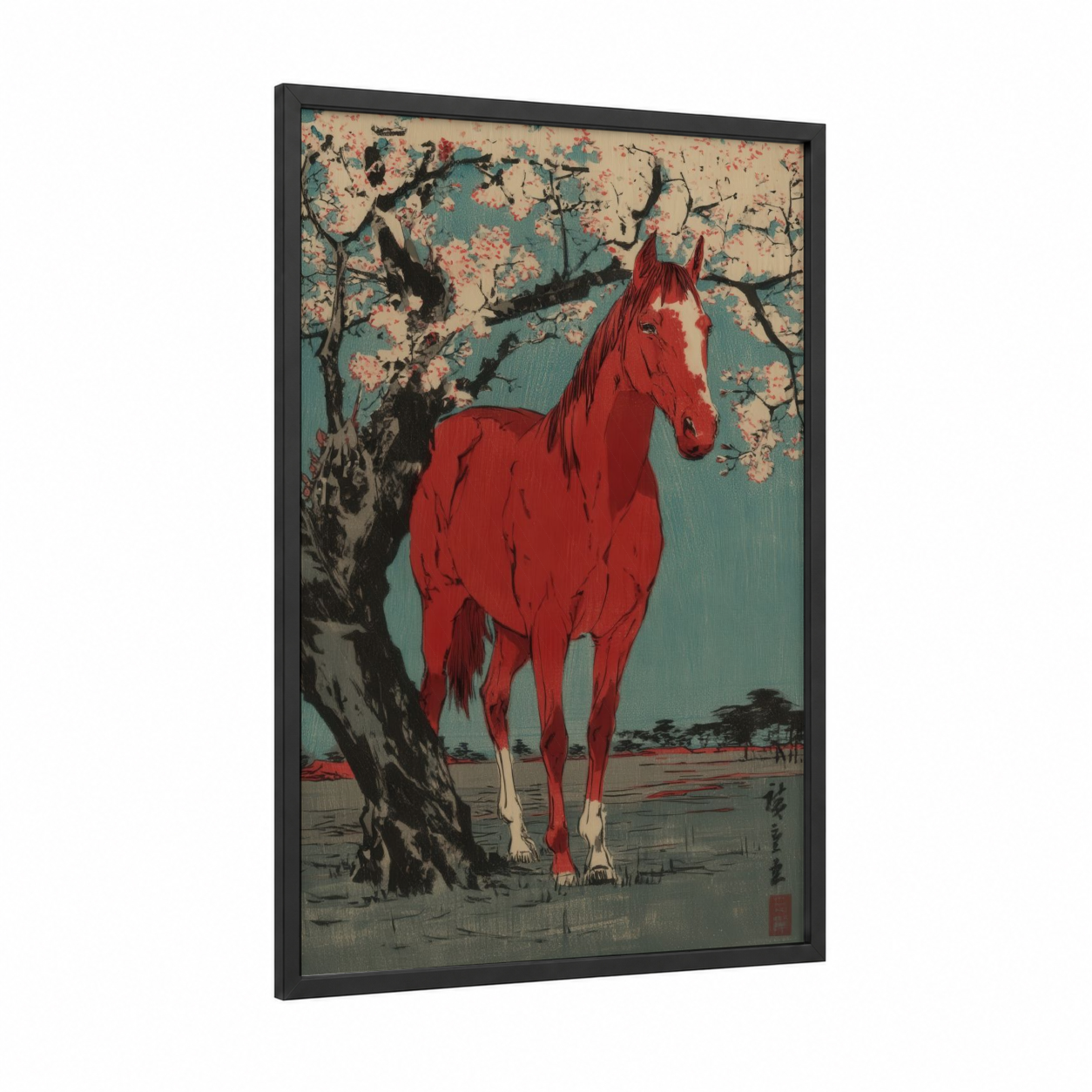 Crimson Quarter Horse framed art print — black wood frame — red and teal palette