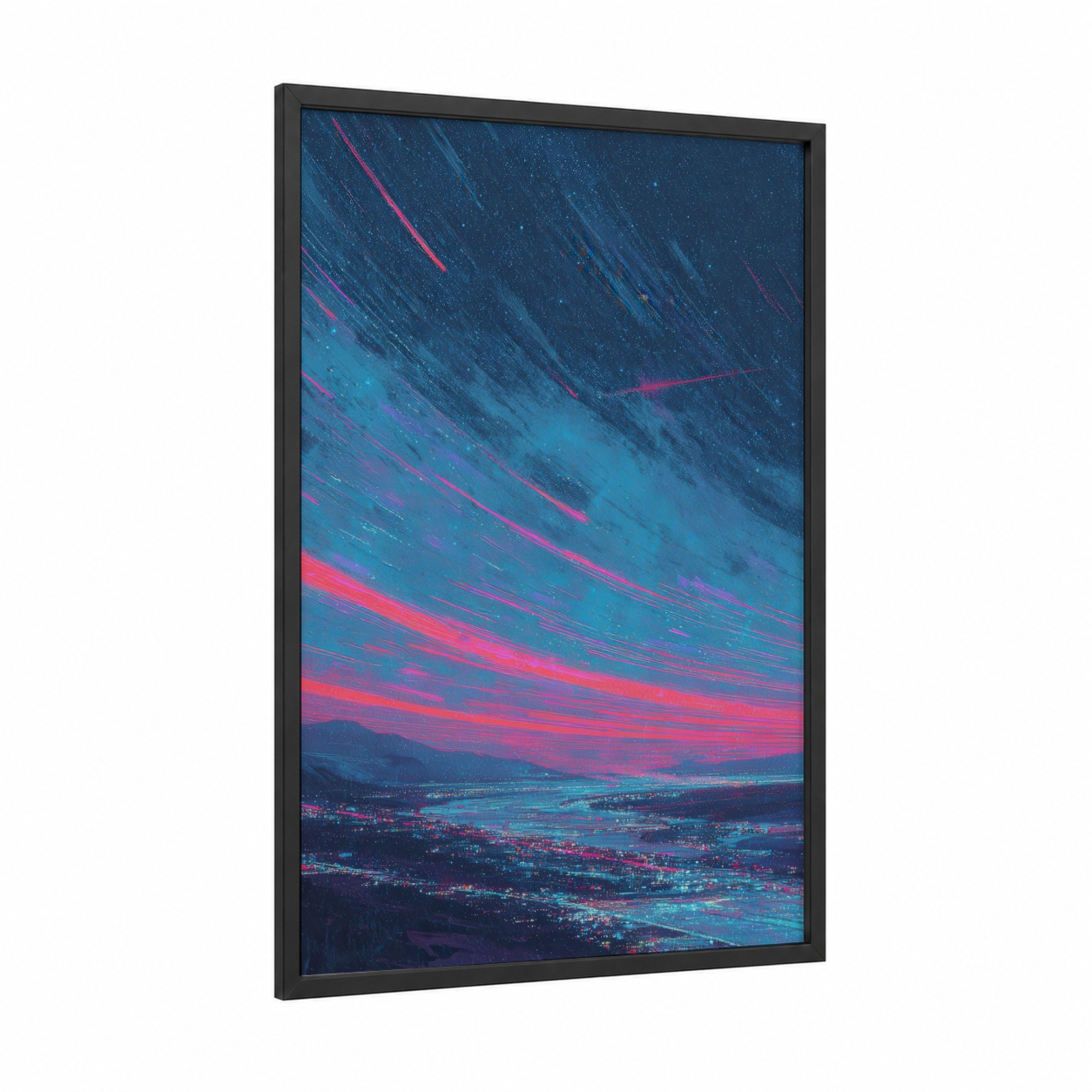 Neon Satellite Sky framed art print — black wood frame — magenta and blue palette