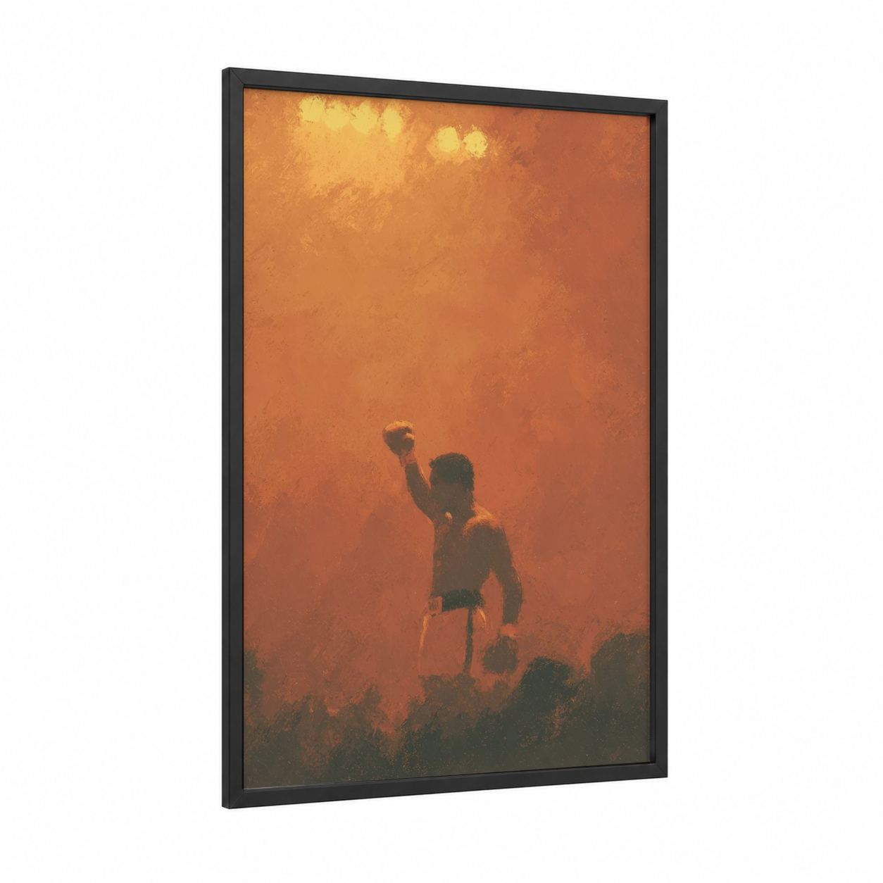 Golden Victory framed boxing print — black wood frame — gold and orange palette