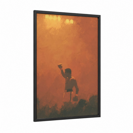 Golden Victory framed boxing print — black wood frame — gold and orange palette