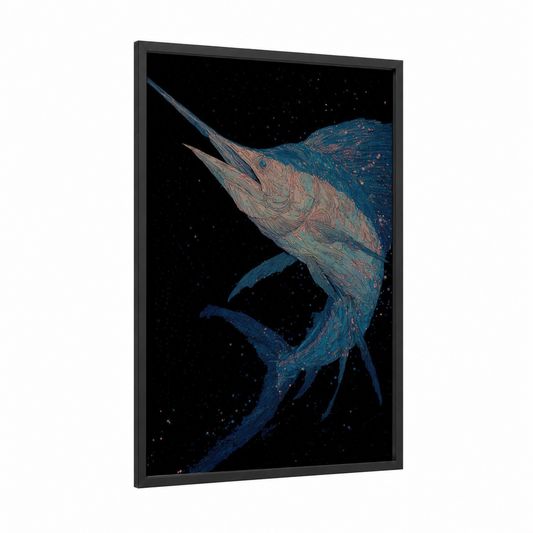 Cosmic Sailfish framed art print — black wood frame — blue and black and gold palette