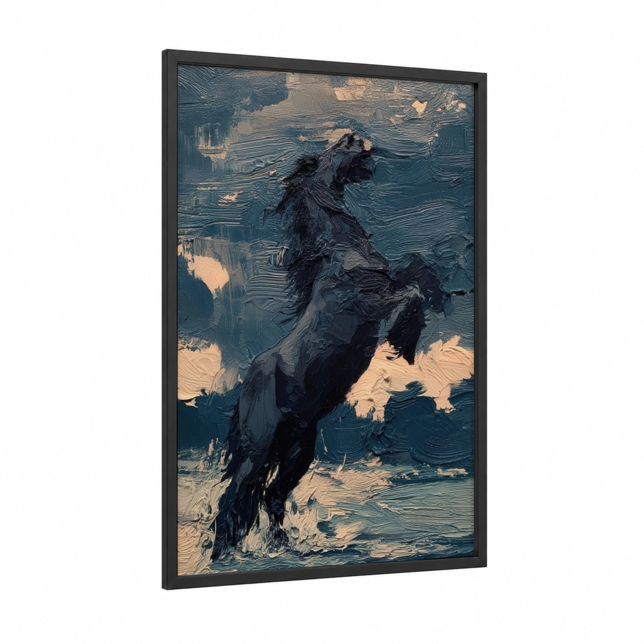 Rearing Friesian framed friesian horse print — black wood frame — black and cream palette