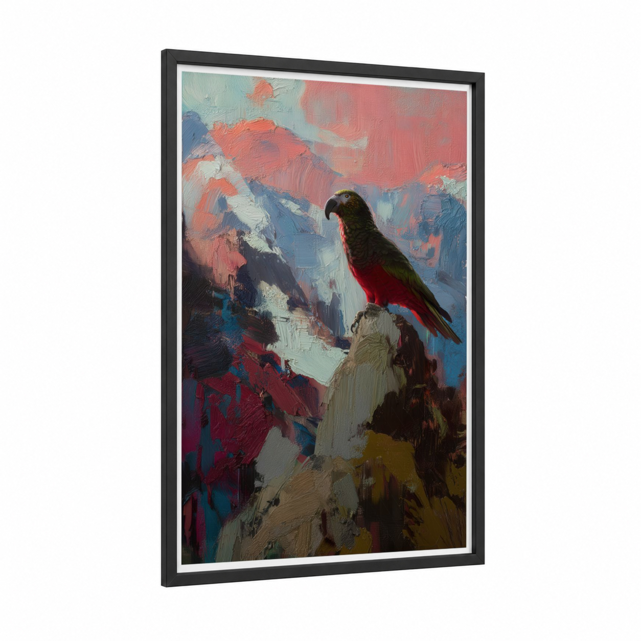 Crimson Parrot Peak framed safari parrots print — black wood frame — red and blue palette